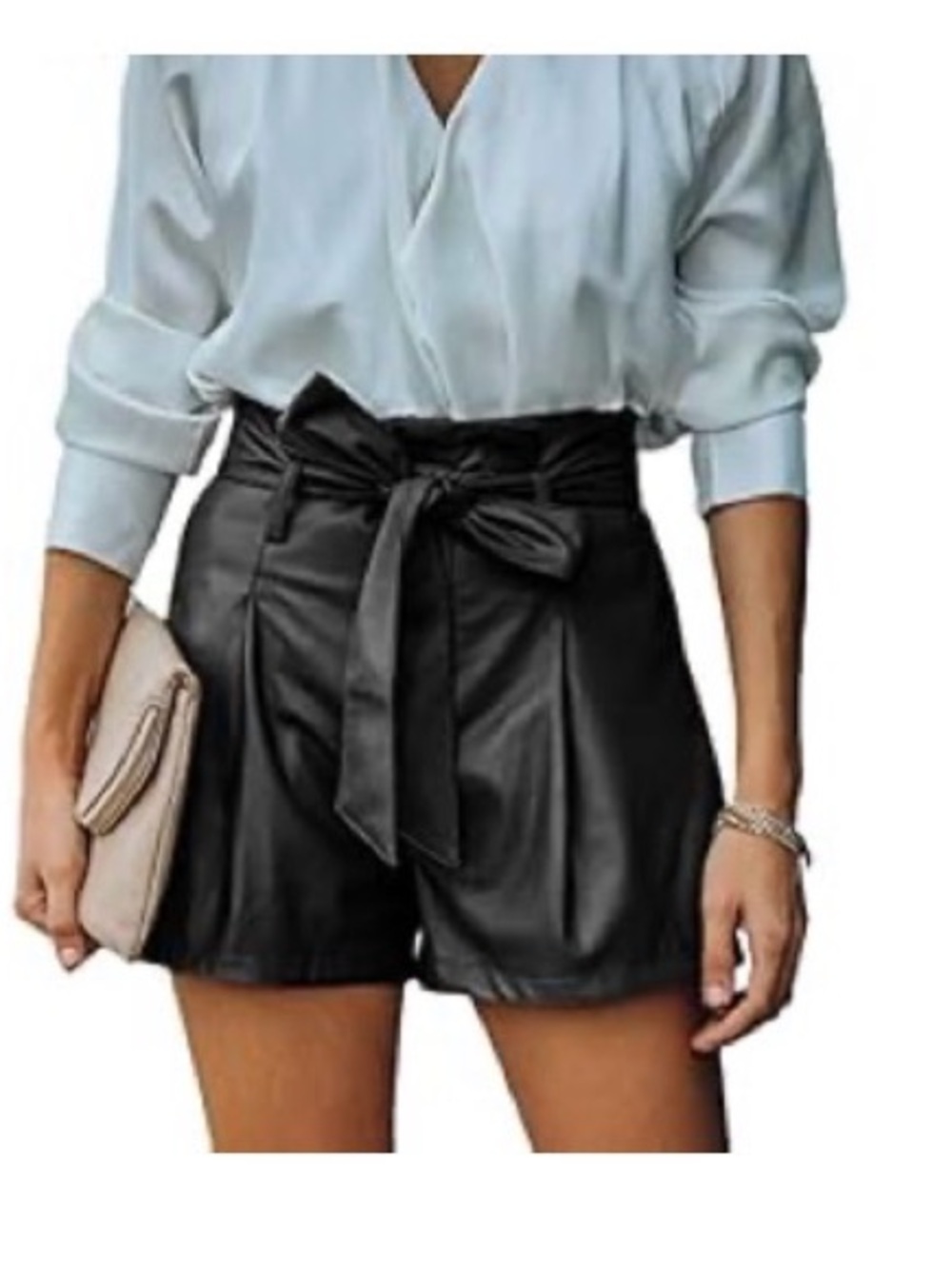 High-Waist Black Faux Leather Tie-Belt Women’s Shorts